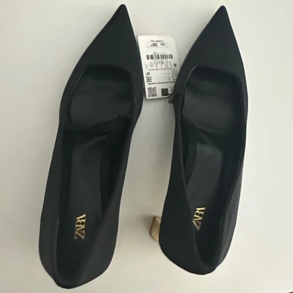 Zara Black Satin Heels With Metallic Gold Block Heel - Picture 9 of 11
